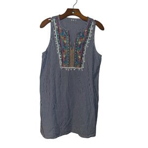 Love Fire Blue White Striped Sleeveless Tunic Dress‎ Large Women's Embroidered